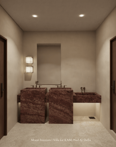Bathroom interior with warm cove lighting beneath the right sink and wall-mounted lights