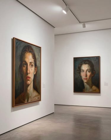 A modern art gallery interior in Brazil with minimalist white walls and professional lighting, conveying a refined and contemporary aesthetic.