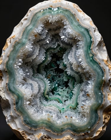 Large-scale resin geode art with thick layers of Almond White, Deep Green, and Sage Green, featuring intricate textures and crystalline structures.