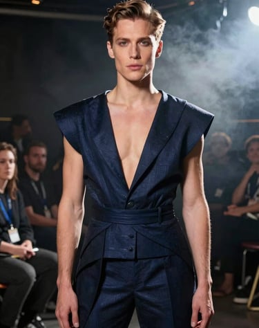 A portrait of a confident performer standing in the wings of a North American / US venue, wearing avant-garde couture with subtle navy highlights and atmospheric smoke.