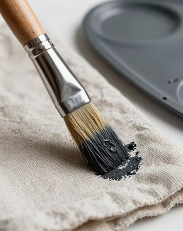 Detailed photography of an art brush dipped in charcoal paint, resting on a linen cloth, off-white and dark grey palette, International / Western.