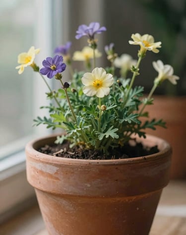 Close-up of a terracotta ceramic pot with wild flowers, soft focus on the background, natural morning light, cinematic and elegant.