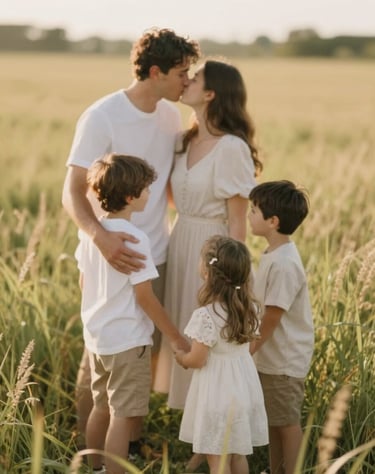 A heartwarming family moment captured candidly in a meadow of tall grass. The lighting is golden and authentic, making the viewer feel part of the memory. Palette: #C4B29A and #F5F0E1.