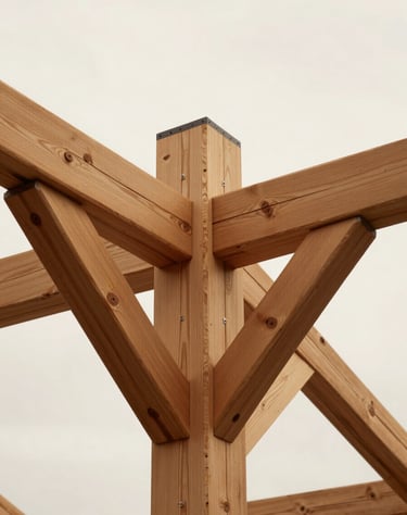 Detailed shot of tectonic wooden joints in a roof structure, soft off-white sky in the background, precision craftsmanship.