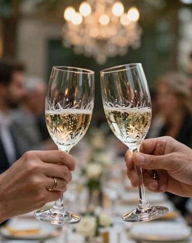 Artistic photography of a celebratory toast at a luxury event in Barcelona. Crystal glasses clinking with sparkling wine against a blurred background of festive lights.
