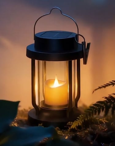 glowing candle-like lantern in outdoor space