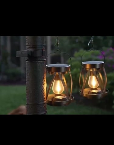 Compact decorative lanterns hanging from pole.