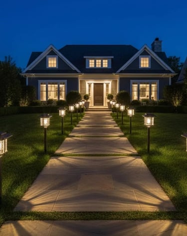 solar glowing pathway lights lining the pathway to a house.