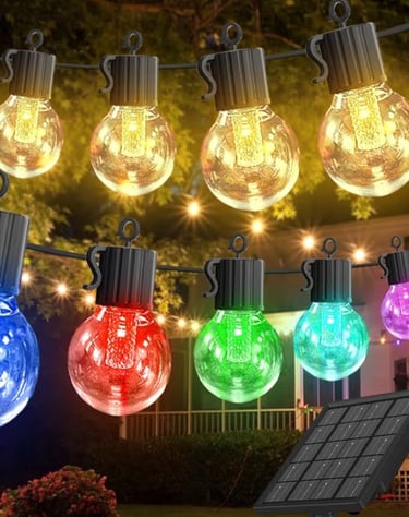 Multicolor solar string lights with round G40 LED bulbs hanging in a backyard patio setting.
