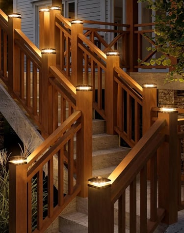 Illuminated wooden deck stairs featuring solar post cap lights for outdoor safety and garden ambiance.