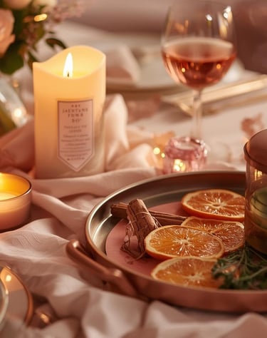 Valentine’s table with scented candles, citrus slices, and cinnamon sticks