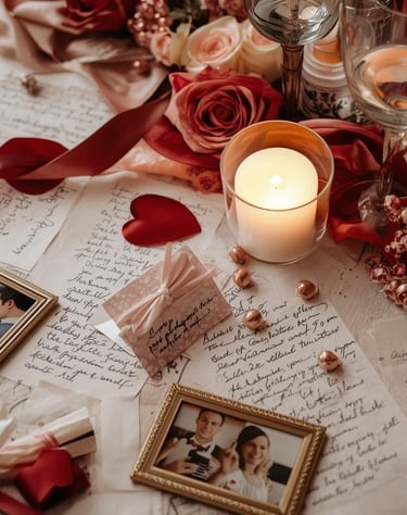 Personalized Valentine’s dinner table with love notes, place cards, and candlelight 