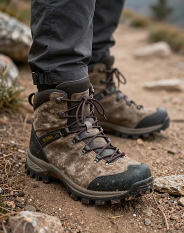 Close-up of hiking boots on a rugged North American / US trail, earthy textures and warm natural light.