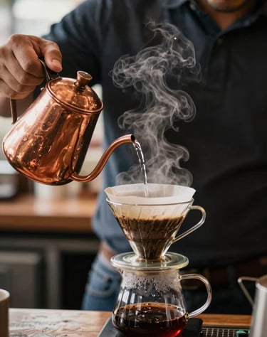 Photography of a person in a South American / Latin coffee shop carefully pouring hot water from a copper kettle over coffee grounds in a glass dripper. Steam rising, elegant and sophisticated.