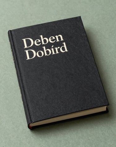 A high-end graphic design thesis book with charcoal black cover and debossed ivory serif typography, sitting on a sage green textured surface in an East Asian / South Asian influenced for a global luxury audience studio.