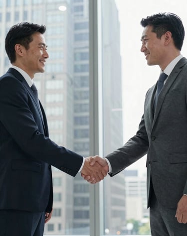 A professional handshake between two executives in a glass-walled North American office overlooking a city. The lighting is bright and off-white, reflecting a corporate and successful atmosphere.