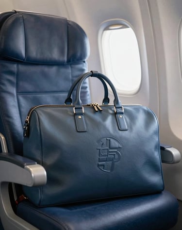 A close-up of a luxury leather tour bag with an embossed logo, placed on an airplane seat, symbolizing the global reach of the brand in #3D2C20.