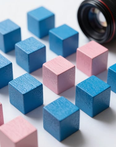 Still life photography of geometric wooden blocks painted in cerulean blue and soft pink on a white surface.