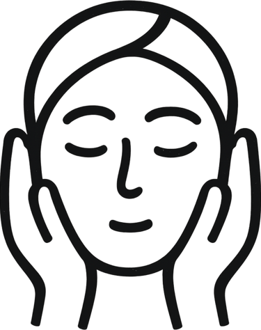Minimalist black line art icon of a woman's face representing a facial skincare routine and beauty treatment.