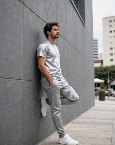 Outdoor photography of a man in casual silver gray clothing leaning against a modern slate gray wall in a Brazilian city, bright overcast lighting, clean and sophisticated aesthetic.
