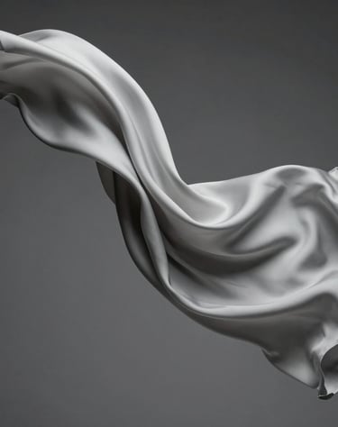 Artistic shot of flowing silk fabric in a studio captured with high-speed photography to show elegant movement in neutral grays. International / Professional.