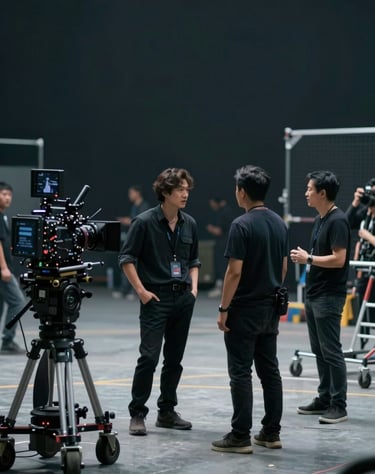 Wide shot of a professional film set with actors in conversation, cameras on dollies, high production value, artistic composition, subtle inclusion of #0B1E22 tones.