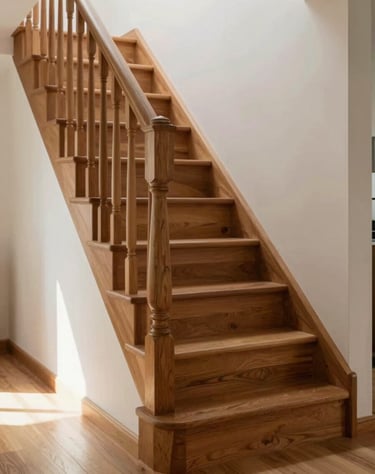 Detail of a custom-built wooden staircase in a sunlit entryway, showing texture and expert craftsmanship.