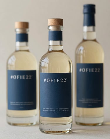 Three various sizes of branding glass bottles for an artisan brand. Soft, natural lighting highlighting the meticulous label design in #0F1E2E.