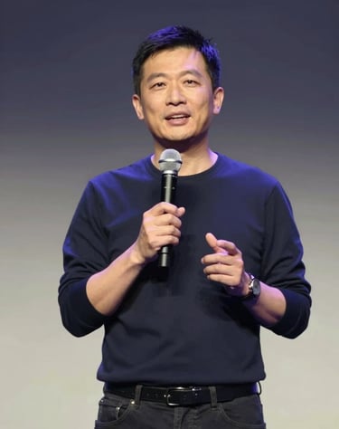 Portrait of a keynote speaker on stage, backlit by stage lights, professional and approachable feel, #0D0D0D and #F2F1ED contrast.