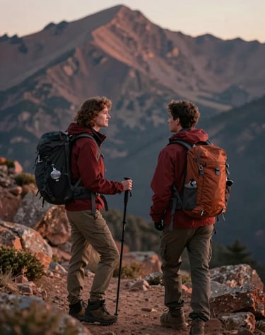 Candid shot of a couple hiking in the North American mountains. Soft morning light, cinematic atmosphere, authentic interaction, earth tones like Terracotta and Deep Red.