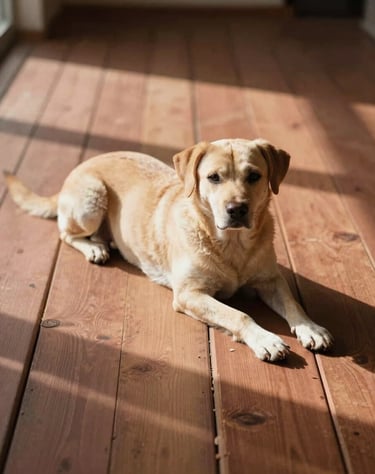 A cinematic shot of a family dog lying in a patch of sun on a wooden North American floor. Warm terracotta and soft sand tones create a peaceful, authentic vibe.