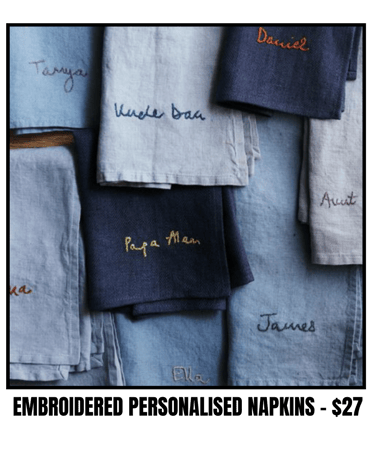 Custom personalised hand embroidered linen napkins for Christmas, wedding, best friend, party gifts