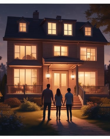 Famiglia davanti a una casa moderna illuminata di notte, simbolo di sicurezza domestica