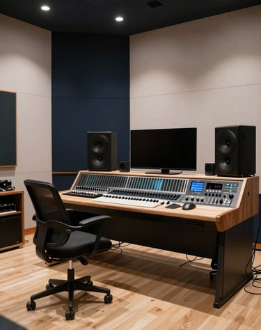 A wide shot of a modern mastering studio with high-end furniture and minimalist decor. The lighting is subtle, with dark navy walls and off-white accents. Southern European / Spanish professional design.