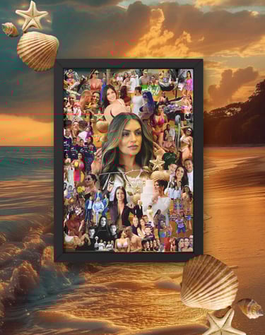 a picture of a woman in a picture frame with the sea in back