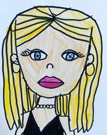 a drawing of a woman with blonde hair and blue eyes