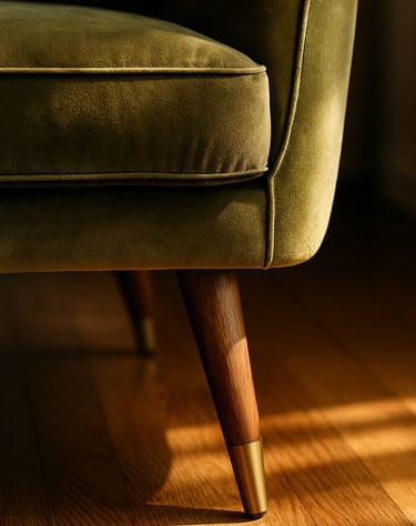 Upholstered chair leg with wood finish and brass cap