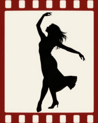 Graphic silhouette of a woman dancing, black #1A1A1A on off-white #FDFDF5, framed by a thick red #D4202B border like a film frame, grainy texture.