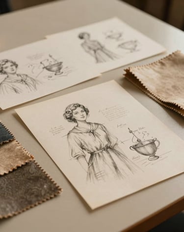 Archival, slightly warm-toned photo of classic design sketches and fabric samples spread across an elegant beige desk. Nostalgic, poetic memory of craftsmanship.