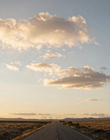A vast North American / US landscape at sunrise, soft cream parchment clouds, a single road leading to the horizon, artistic storytelling mood.