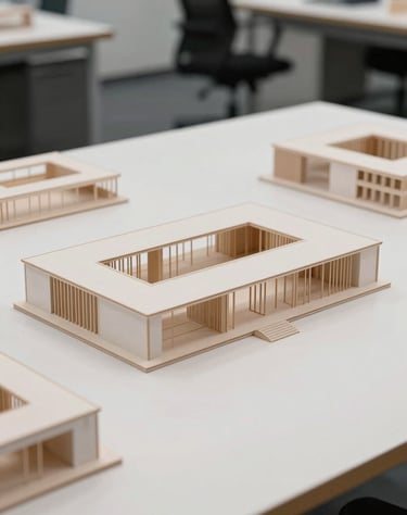A photograph of an architectural model on a Ghost White surface in a North American / US architectural firm, showcasing the intersection of physical and digital creation with professional lighting.