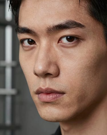 Male model face detail in high definition, focused gaze, industrial background blur, metallic tones.