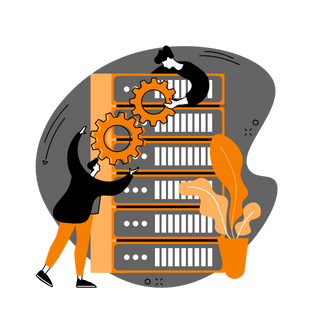 a man working on a computer with a gearwheel