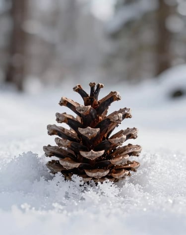A close-up photograph of a pinecone resting on fresh white snow, sharp detail against a soft-focus forest background, North American winter scene.
