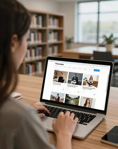 An over-the-shoulder shot of a designer browsing a high-quality portfolio website on a laptop in a bright, modern North American / US library.