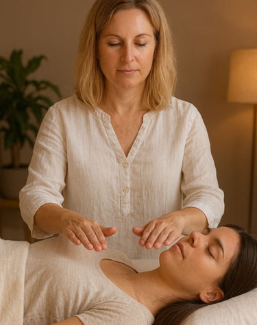 woman with hands hovering over another woman who is lying down