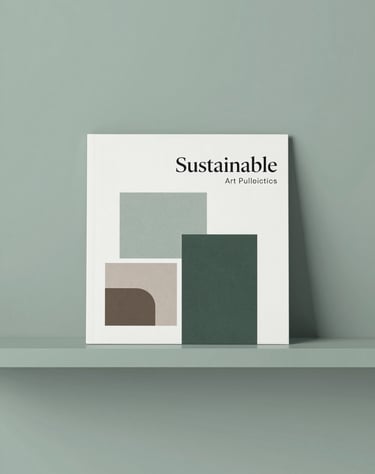 An image of a curated set of sustainable art publications displayed on a minimalist shelf of #AEC5BE sage green. The composition is clean, balanced, and sophisticated.