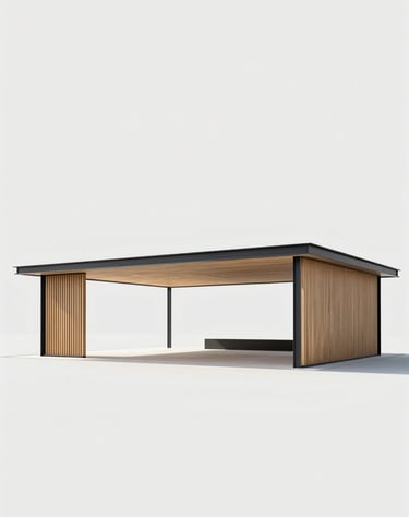 An architectural mock-up of a modern pavilion, rendered with professional precision. The structure uses light wood and dark metal #1C2826. Set against a minimalist #F0F4F4 background.