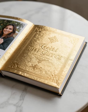 Premium product photography of a custom-made gold-embossed photo album on a white marble surface, luxury lighting.