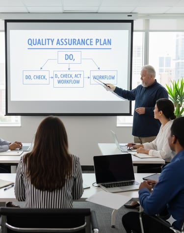 Consultant holding a QA training presentation to new engineers at a London Based Oil and Gas company